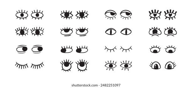 Crazy doodle black eyes. Open eye creative set. Abstract hand drawn fun collection. . Vector illustration