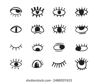 Crazy doodle black eyes. Open eye creative set. Abstract hand drawn fun collection. . Vector illustration