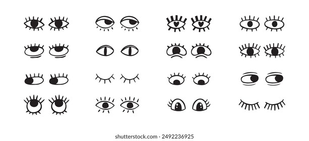 Crazy doodle black eyes. Open eye creative set. Abstract hand drawn fun collection. . Vector illustration