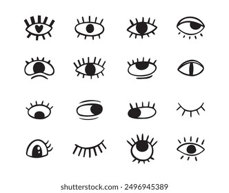 Crazy doodle black eyes. Open eye creative set. Abstract hand drawn fun collection. . Vector illustration