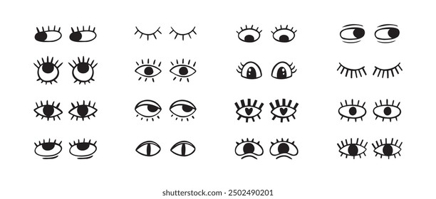 Crazy doodle black eyes. Open eye creative set. Abstract hand drawn fun collection. . Vector illustration