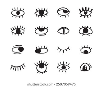 Crazy doodle black eyes. Open eye creative set. Abstract hand drawn fun collection. . Vector illustration