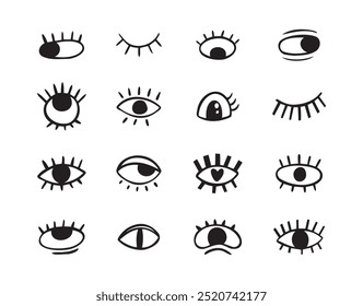 Crazy doodle black eyes. Open eye creative set. Abstract hand drawn fun collection. . Vector illustration