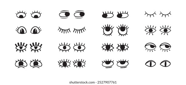 Crazy doodle black eyes. Open eye creative set. Abstract hand drawn fun collection. . Vector illustration