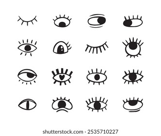 Crazy doodle black eyes. Open eye creative set. Abstract hand drawn fun collection. . Vector illustration