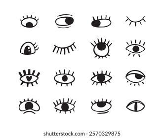 Crazy doodle black eyes. Open eye creative set. Abstract hand drawn fun collection. . Vector illustration