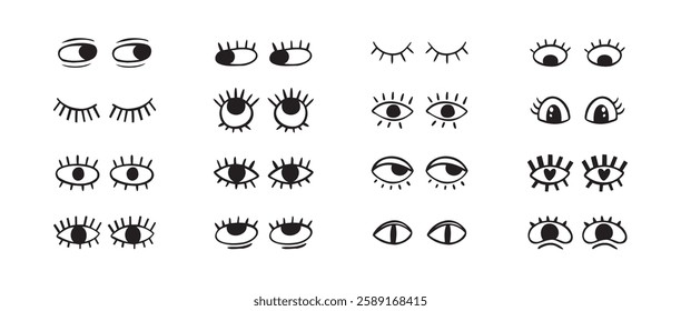 Crazy doodle black eyes. Open eye creative set. Abstract hand drawn fun collection. . Vector illustration