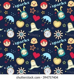 Crazy doodle  cartoon funny seamless pattern on dark backgrounds. May use for kids linen and wear