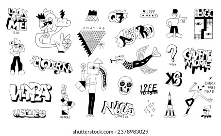 crazy doodle characters drawing words absurd symbols and objects isolated vector set