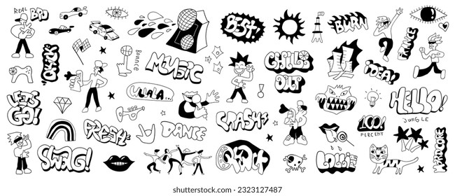 crazy doodle characters words graffiti style isolated hand drawn sign and symbol vector set