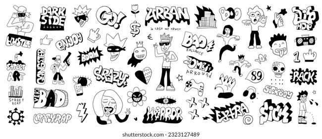 crazy doodle characters words graffiti style isolated hand drawn sign and symbol vector set