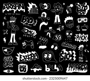  crazy doodle characters words graffiti style isolated white on black vector set,  funny background for teenager
