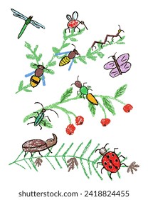 Los insectos de doodle locos en la rama de la planta con baya roja. Mariposa voladora, insecto, escarabajo, abeja, avispa, mosca, libélula, oruga. Crayon, lápiz de tiza pastel como vector de estilo infantil