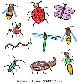 Crazy doodle insects set. Crayon like kid`s hand drawn colorful funny butterfly, bug, beetle, bee, wasp, fly, dragonfly, mosquito, caterpillar. Vector pastel chalk or pencil childlike cartoon flat art