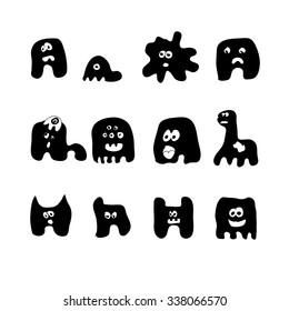 Crazy doodle Monster, drawing style. Vector illustration. Funny icons set.