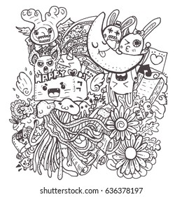 crazy doodle the monster. hand drawn vector illustration for kid t-shirt print, greeting and invitation card