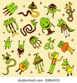 Crazy doodle monsters. Vector illustration.