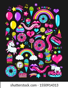 Crazy doodle set. Bright unicorns, rainbows, donuts and sweets on black background. set of stickers, vector illustration