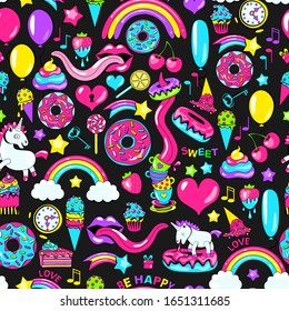 crazy doodle sweet pattern. unicorns, rainbows, donuts and sweets. fairy seamless pattern. Texture for fabric, wrapping, wallpaper. Decorative print.