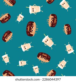 Crazy drink and donut seamless pattern in cartoon style. Funny fast food character design for textile, packaging, wallpaper.