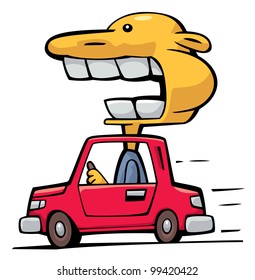 Crazy driver with big head over the roof speeding up against wind