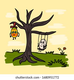 Crazy Easter card with Easter eggs on a tree. Funny painted egg hanging on a branch and egg on a swing. Great spring design for printing.