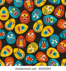 Crazy eggs monsters seamless pattern in retro style. Vector texture for your background.