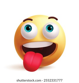 Crazy Emoji 3D Clipart Charakter. Freche Emoji Gesicht, albern, albern, verspielt, genießen, Spaß, neckende Gesichtsausdruck gelb runde grafische Element. Vektorgrafik verrückt Emoticon Clip Art. 
