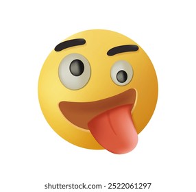 Ícone de estilo 3D de Emoji louco. Rosto com olho piscando e língua para fora. Emoticon pateta, sorriso maroto. Reação emoticon engraçada para bate-papo ou mensageiro