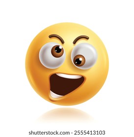 Crazy emoji clipart 3d character. Emoji face in goofy, silly, naughty, joking, fun, happy and insane facial expression yellow round graphic element. Vector illustration crazy emoticon clip art. 
