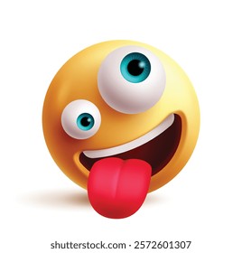 Crazy emoji clipart 3d character. Goofy emoji face with big eyes, tongue, silly, joking, joyful and humor facial expression graphic element. Vector illustration crazy emoticon clip art. 
