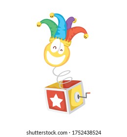 crazy emoji face with jester hat in surprise box fools day vector illustration design
