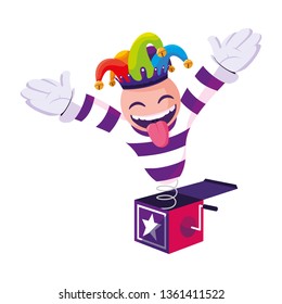 crazy emoticon with joker hat in surprise box