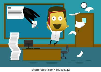 Crazy employee jumping in office and throwing document with blue background