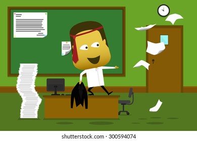 Crazy employee standing on his desk and throwing document with green background