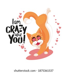 Crazy enamored cat with hearts in its eyes stands on its front paws. Lettering "I'm crazy about you." Isolated on white. Valentine's day card. Vector illustration, postcard, poster, print for t-shirt