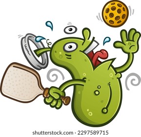 Crazy energetic pickleball cartoon mascot serving the ball with wild insanity