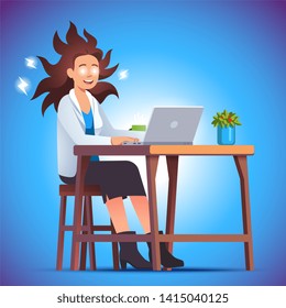 Crazy energized and productive woman working using laptop computer. Excited business person doing job sitting at her desk. Efficient worker full of energy. Concept flat vector character illustration