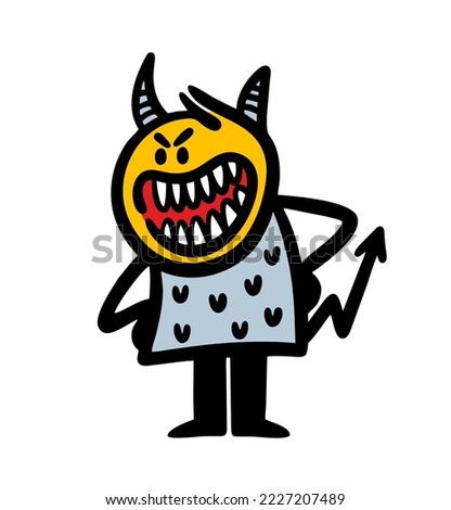 Crazy evil on halloween with funny smile, horns and sharp tail. Vector illustration of cartoon devil from the hell.