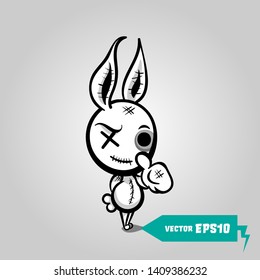 Crazy evil rabbit. Cute evil rabbit halloween sticker. Angry sewn voodoo bunny. Comic book sketch vector. Stitched thread funny zombie monster. Finger gesture thumb up