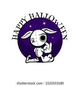 Crazy evil rabbit. Cute evil rabbit show ok gesture on Halloween, woodoo toy. Angry sewn voodoo bunny show thumbs up vector. Stitched thread funny puppet zombie monster thumbs up ok finger gesture ok
