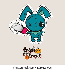 Crazy evil rabbit. Halloween stitch bunny, rabbit zombie voodoo doll. Evil sewing monster. Cute colored vector halftone sticker sketch. Cartoon angry killer character. Trick or treat pumpkins.