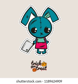 Crazy evil rabbit. Halloween stitch bunny, rabbit zombie voodoo doll. Evil sewing monster. Cute colored vector halftone sticker sketch. Cartoon angry killer character. Trick or treat pumpkins.