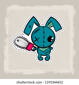 Crazy evil rabbit. Halloween stitch bunny, rabbit zombie voodoo doll. Evil sewing monster. Cute colored vector halftone sticker sketch. Cartoon angry killer character.