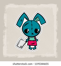 Crazy evil rabbit. Halloween stitch bunny, rabbit zombie voodoo doll. Evil sewing monster. Cute colored vector halftone sticker sketch. Cartoon angry killer character.