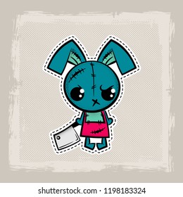 Crazy evil rabbit, Halloween stitch bunny, rabbit zombie voodoo doll. Evil sewing monster. Cute colored vector halftone sticker sketch. Cartoon angry killer character.