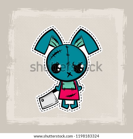 Crazy evil rabbit, Halloween stitch bunny, rabbit zombie voodoo doll. Evil sewing monster. Cute colored vector halftone sticker sketch. Cartoon angry killer character.