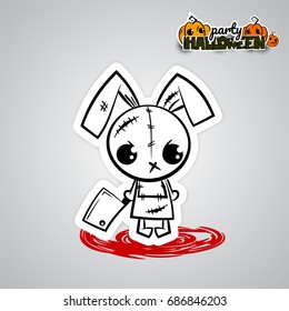 Crazy evil rabbit. Ugly angry Halloween horror thread needle sewing voodoo doll Halloween evil bunny rabbit knife, blade cartoon funny monster Pop art wow comic book text poster party.
