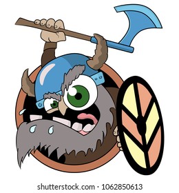 Crazy evil Viking with an ax and shield. Caricature.