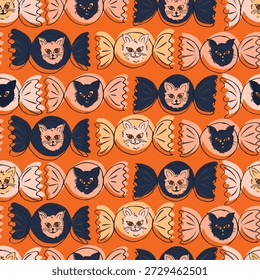 Crazy eyed unheimliche Katze Gesichter auf Süßigkeiten Wrapper für Trick or Treat in hellen Farben von blau, rosa, gelb, Creme und off white auf orangefarbenem Hintergrund. Halloween nahtloses Vektormuster. Ideal für Wohndekoration, Stoff, Tapeten, Geschenkverpackung, Schreibwaren, Verpackungsdesign-Projekte.